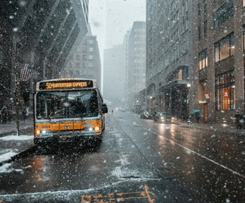 A bus on a street with snow falling