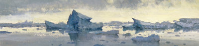 Antarctic Dusk oil painting in impressionist style showing icebergs in the ocean.