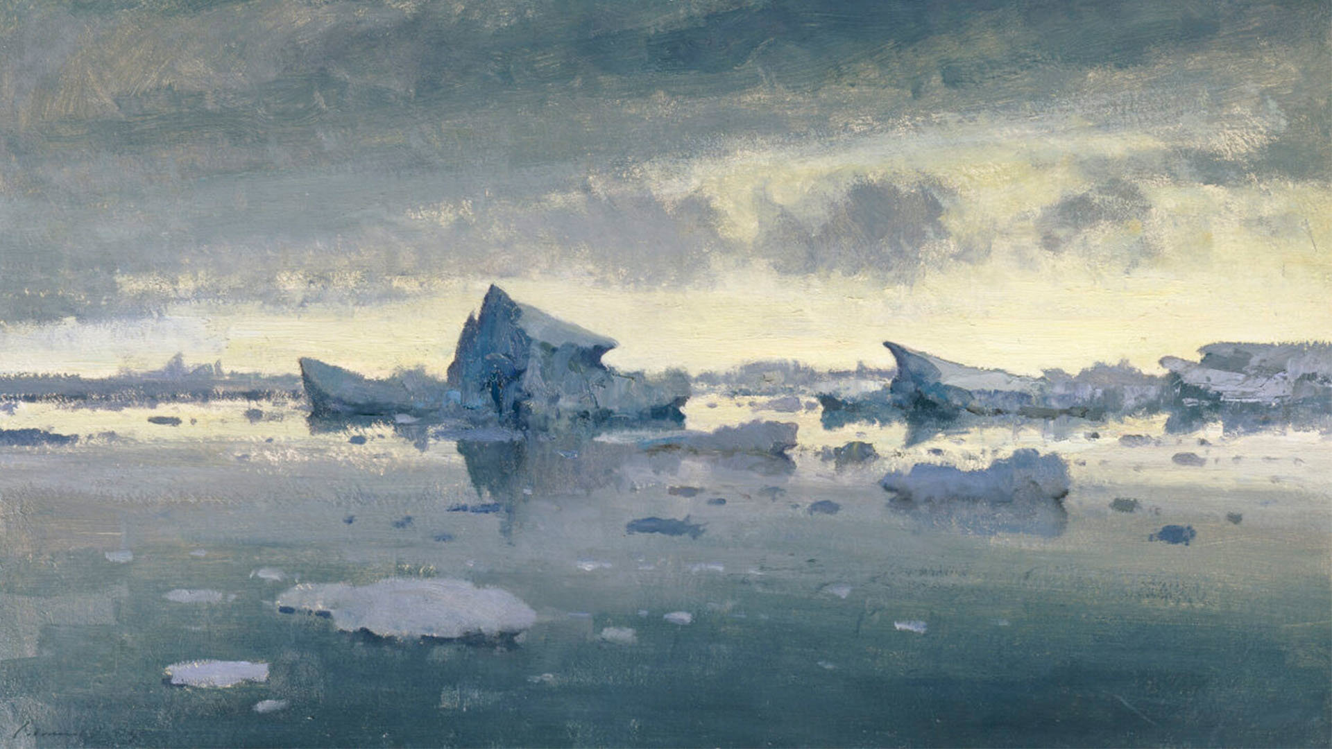 Antarctic Dusk oil painting in impressionist style showing icebergs in the ocean.