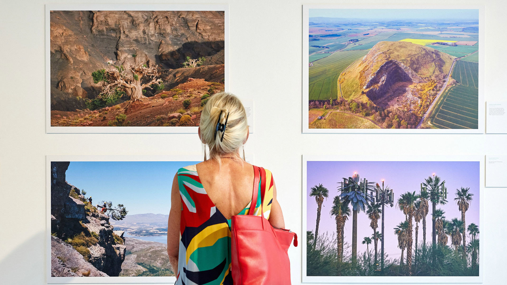 A person wearing a colourful dress standing in front of four landscape photographs in an exhibition.