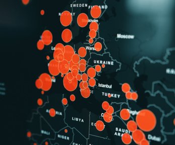 Digital map with varying sizes of orange circles