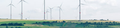 Green agricultural fields with windmills.