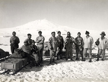 Scott and his men in Antarctica with Mt Erebus in the background