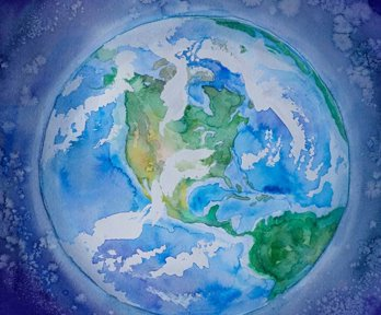 A watercolour painting of a globe, showing the USA and South America