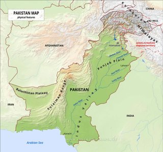 A topographic map of Pakistan, the Sindh provincial capital is Karachi