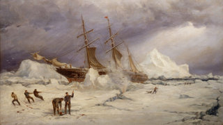 Oil on canvas painting of the ship Pandora stuck in ice, with people standing outside the ship pulling ropes to try to break the ship free.