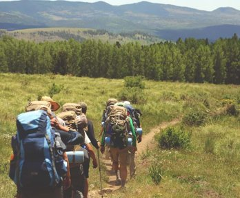 A group of people wearing heavy camping backpacks trekking across an open meadow towards an evergreen woodland. There are green hills in the backgorund with more woodland.