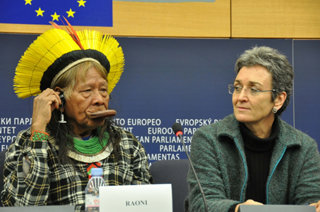 Cacique Raoni, representing the indigenous tribes of the Xingu river opposes the Belo Monte Dam complex in the European Parliament