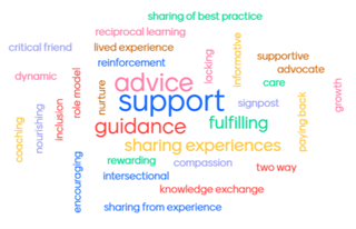 Diagram showing words associated with mentoring, including: advice, support, guidance, fulfilling, sharing experiences and best practice