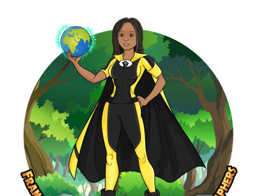 A female cartoon superhero dressed in yellow and black, under which there is a caption saying 'Francisca works to champion black geographers'