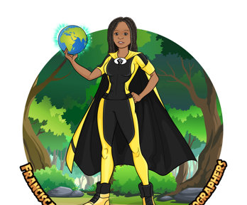 A female cartoon superhero dressed in yellow and black, under which there is a caption saying 'Francisca works to champion black geographers'