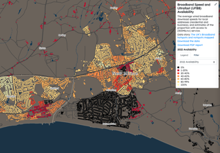 Broadband Ultrafast (UFBB) Availability map showing the average wired broadband download speed for local addresses in New Milton..