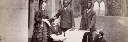 Photo of Tom and Agnes Livingstone, Abdullah Susi, James Chuma and Horace Waller, Newstead Abbey, England, June 1874