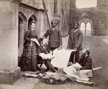 Photo of Tom and Agnes Livingstone, Abdullah Susi, James Chuma and Horace Waller, Newstead Abbey, England, June 1874