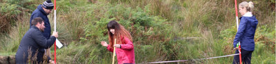 Three teachers in a grassy field assist a student, who is standing in a small stream, carrying out fieldwork research.