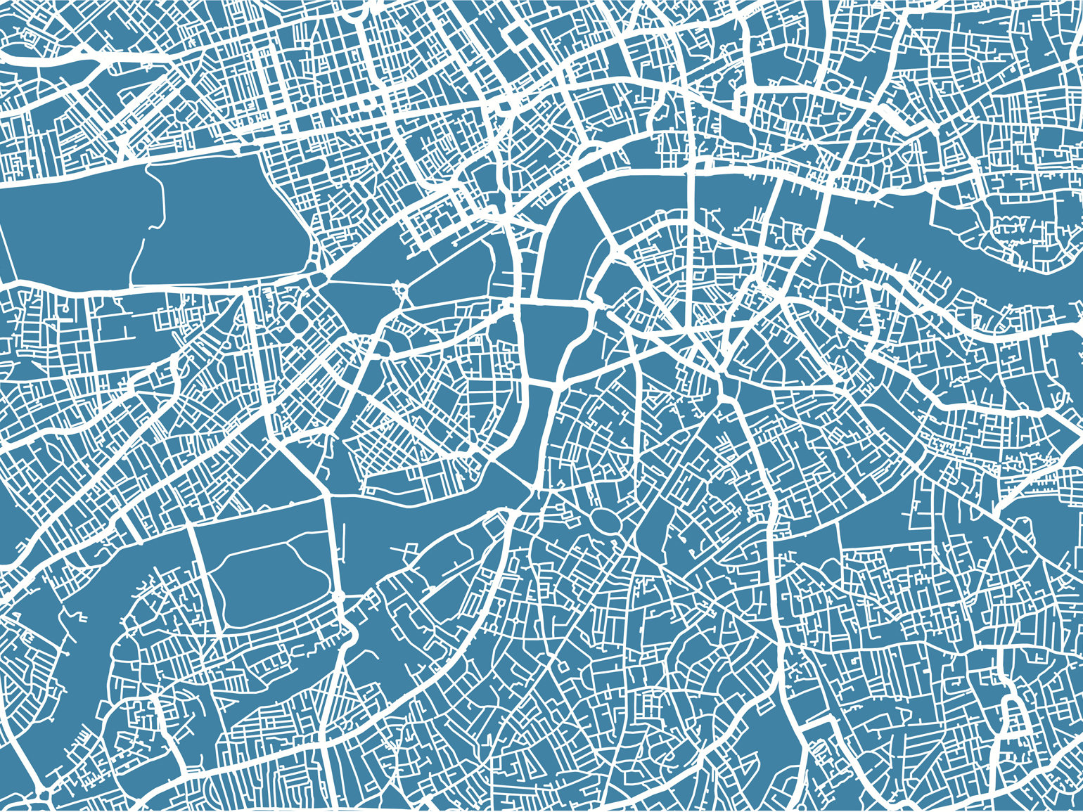 A map of an urban area with a blue background and white roads only. The roads show a pattern that reveals a river running though the urban area.