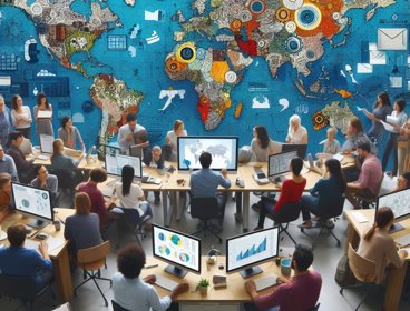 An AI generated image of people working at desks with computers in front of a large wall map