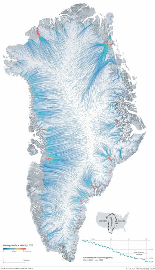 Visualisation showing the movement of ice on the Greenland ice cap, measured by average surface area velocity