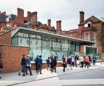 Exterior of the Royal Geographical Society Pavilion and main entrance, with people walking up to the entrance