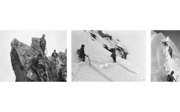 Series of three black and white photographs showing explorers scaling Mount Everest.