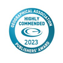 A blue circle stating 'highly commended' and showing the badge is for the  Geographical Association Publishers Award 2023