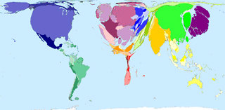 A cartogram map showing world wealth in 2002- the countries are sized according to their wealth anf you can see that the northern hemisphere countries are the most wealthy