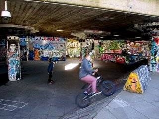 An area in Southbank under a bridge where people skateboard and ride bikes