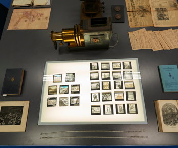Display of historic materials, including photographs, lantern slides, and books