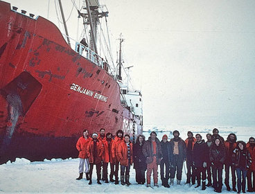 Crew from the Transglobe Expedition standing in the Arctic and posing with the Benjamin Bowring ship.