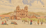 A watercolour painting of Cuzco with by Victor Coverley-Price depicting a church and local people.