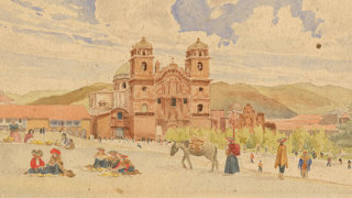A watercolour painting of Cuzco with by Victor Coverley-Price depicting a church and local people.