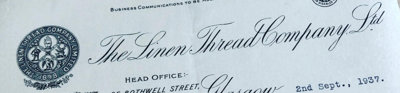 Historical document with the heading of The Linen Thread Company Ltd and dated september 1937.