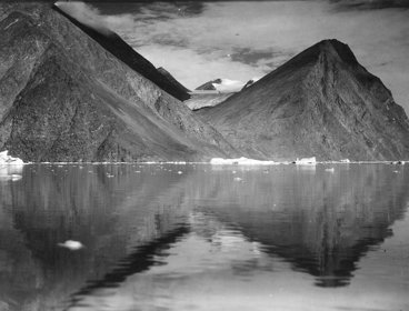 Black and white photograph of Louise glacier, at the inner end of Ice Fiord in the Fiord region of East Greenland