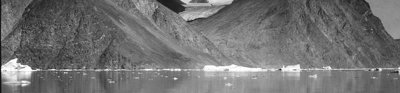 Black and white photograph of Louise glacier, at the inner end of Ice Fiord in the Fiord region of East Greenland