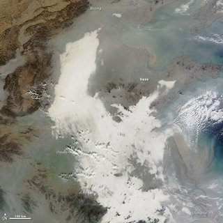 Satellite image of China showing extent of the air pollution in December 2013