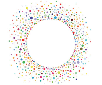 A circle made of colourful dots, empty in the middle with the dots spreading out to become more sparse towards the edge