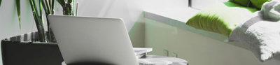 An open laptop on a small round coffee table in a brightly lit room with a tall green fern in a flower pot. 