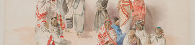 Historic watercolour painting of African women, some standing and some seated