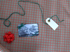 A Royal Geographical Society (with IBG) members card with a green bow wrapped around it laying on top of a red checkered cloth.