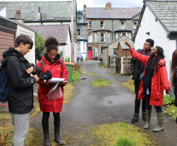 Group of young people taking measurements in a lane behind a row of houses.