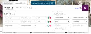 Wiley Digital Archives fielded search example using search terms "relief map", or "relief model", or "map model". 