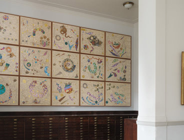 Side view of Hormazd Narwiella's mural in the Map Room of the Royal Geographical Society, showing the full artwork.