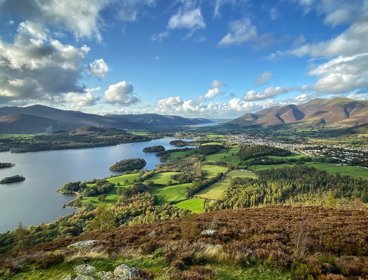 A view over the Lake District showing a lake, mountains and a town