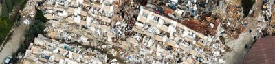 An aerial view of a collapsed building