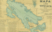 Map of Lake Titicaca, located partly in Peru and partly in Bolivia. Relief is shown by hachures and the prime meridian is Paris. The map shows among other things ancient ruins, sanctuaries, towns and rivers,