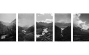 Atmospheric nlack and white series of photographs of Mount Everest showing clouds, trees, rivers, stones, and the mountain peak covered in snow.