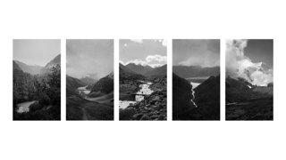 Atmospheric nlack and white series of photographs of Mount Everest showing clouds, trees, rivers, stones, and the mountain peak covered in snow.