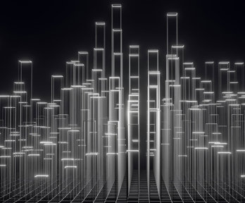 Monochrome digital image of elongated blocks mimicking a skyline.