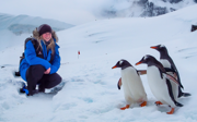Phoebe Smith posing with three penguins in icy environment. 