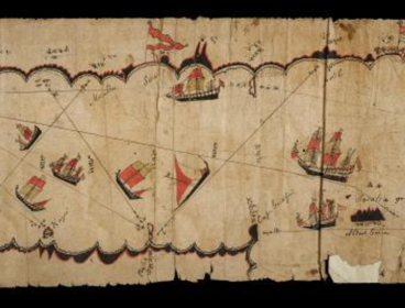 Illustrations of ships, water and coordinates are drawn onto a a torn and aged map.